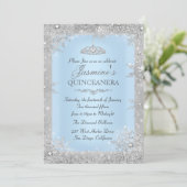 Silver Winter Wonderland Blue Quinceanera Einladun Einladung (Stehend Vorderseite)