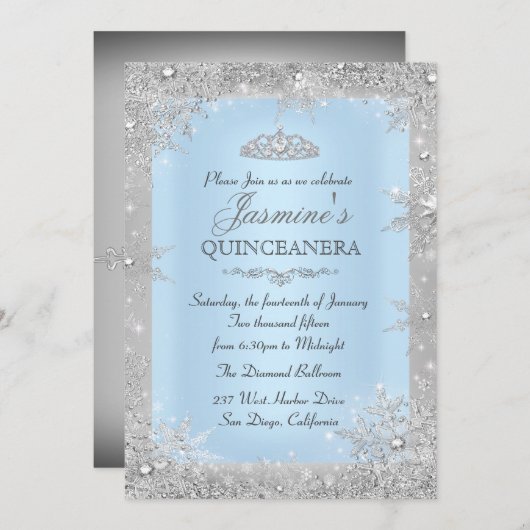 Silver Winter Wonderland Blue Quinceanera Einladun Einladung (Vorne/Hinten)