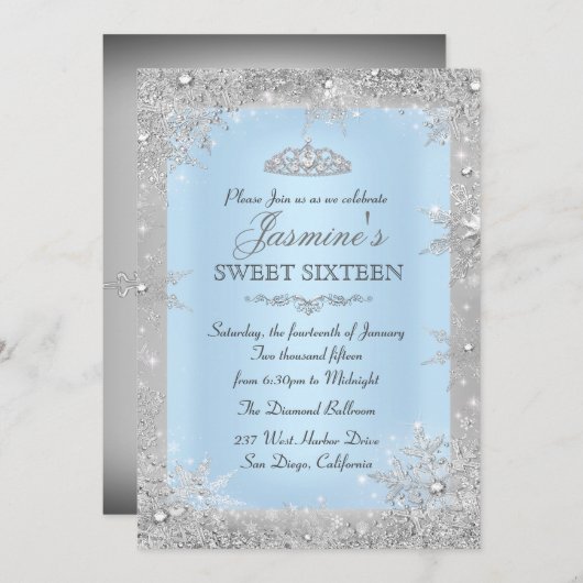 Silver Winter Wonderland Blue Sweet 16 Einladung (Vorne/Hinten)