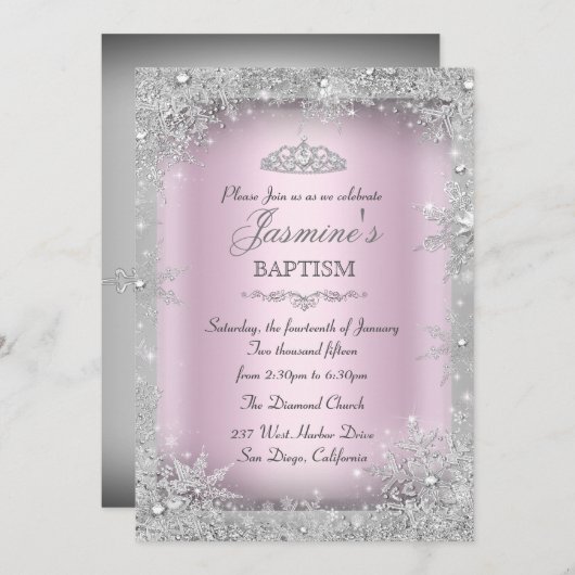 Silver Winter Wonderland Pink Taufe Christening Einladung (Vorne/Hinten)