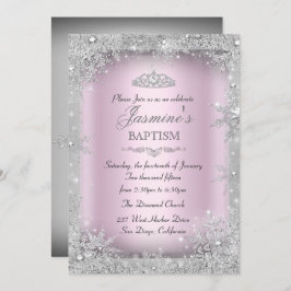 Silver Winter Wonderland Pink Taufe Christening Einladung