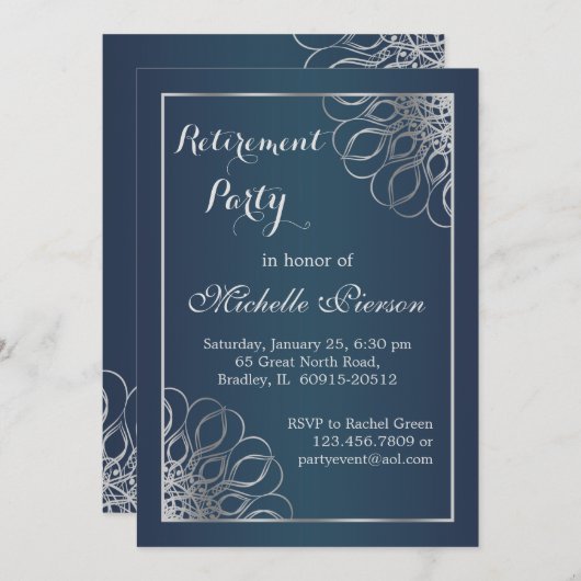 Silver Wirbel auf Mitternachtsblauer Pensionskasse Einladung (Vorne/Hinten)