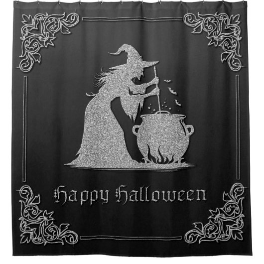 Silver Witch & Cauldron Halloween Duschvorhang (Vorderseite)