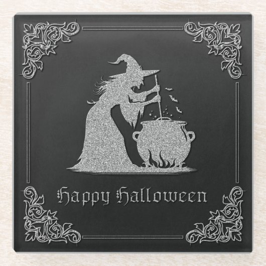 Silver Witch & Cauldron Halloween Glasuntersetzer (Vorderseite)