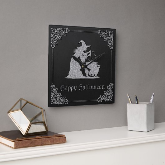Silver Witch & Cauldron Halloween Quadratische Wanduhr (Büro)