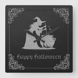 Silver Witch & Cauldron Halloween Quadratische Wanduhr