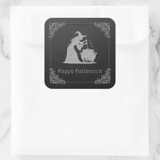 Silver Witch & Cauldron Halloween Quadratischer Aufkleber (Tasche)