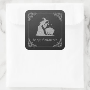 Silver Witch & Cauldron Halloween Quadratischer Aufkleber