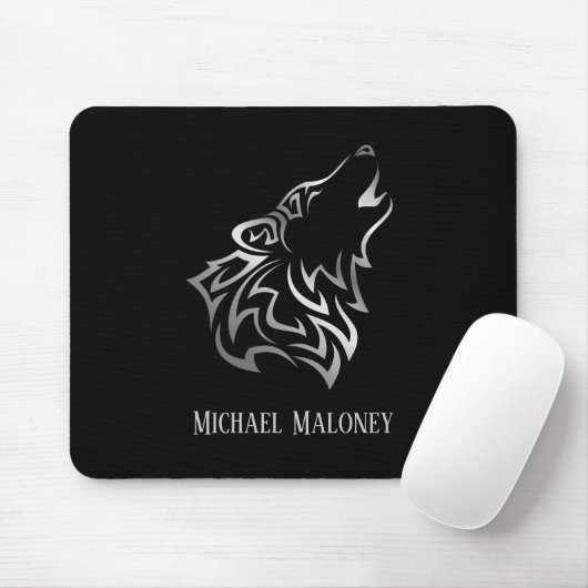 Silver Wolf Vector Tribal Monogram Black Mousepad (Mit Mouse)