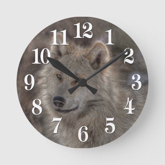 Silver Wolf Wildlife Art Clock Runde Wanduhr (Vorderseite)