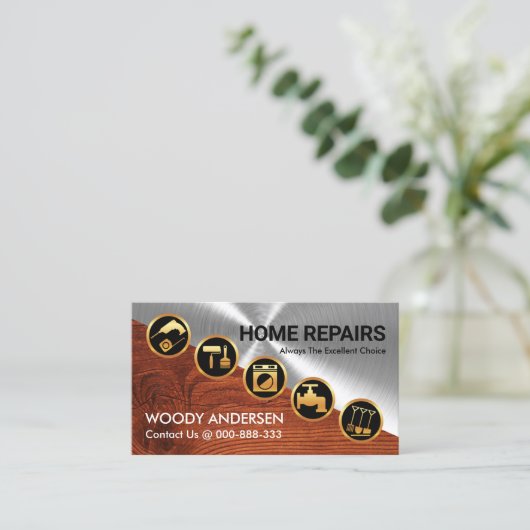 Silver Wood Diagonal Gold Handyman Tools Visitenkarte (Stehend Vorderseite)