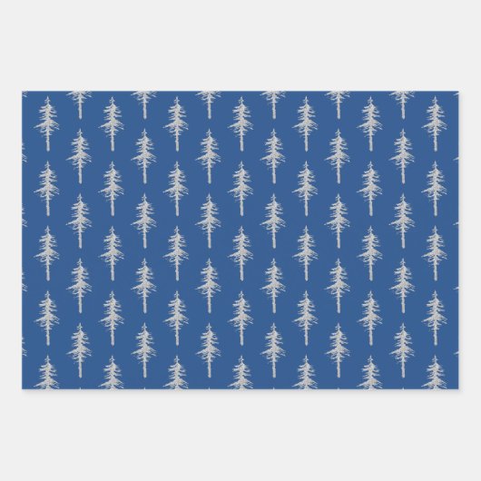 Silver Woodland Pine Tree Forest Blue Navy Trio Geschenkpapier Set (Vorderseite 2)