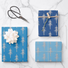 Silver Woodland Pine Tree Forest Blue Navy Trio Geschenkpapier Set