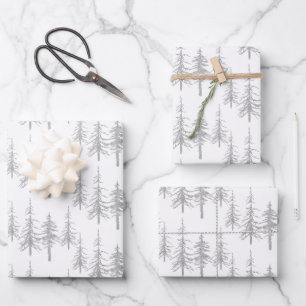 Silver Woodland Scraggy Sparse Spruce Tree Forest Geschenkpapier Set