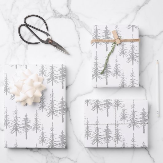 Silver Woodland Scraggy Sparse Spruce Tree Forest Geschenkpapier Set (Vorderseite)