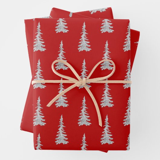Silver Woodland Spruce Trees Holiday Red Geschenkpapier Set (Beispiel)
