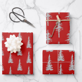 Silver Woodland Spruce Trees Holiday Red Geschenkpapier Set