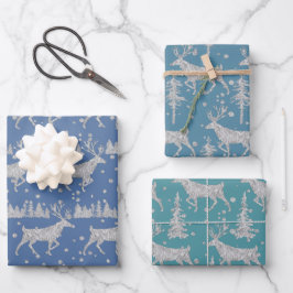 Silver Woodland Stag Spruce Forest Green Blue Geschenkpapier Set