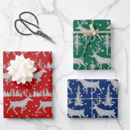 Silver Woodland Stag Spruce Forest Red Blue Green Geschenkpapier Set