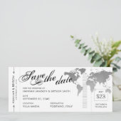 Silver World Map Boarding Pass Save the Date Karte (Stehend Vorderseite)
