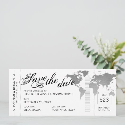 Silver World Map Boarding Pass Save the Date Karte (Stehend Vorderseite)