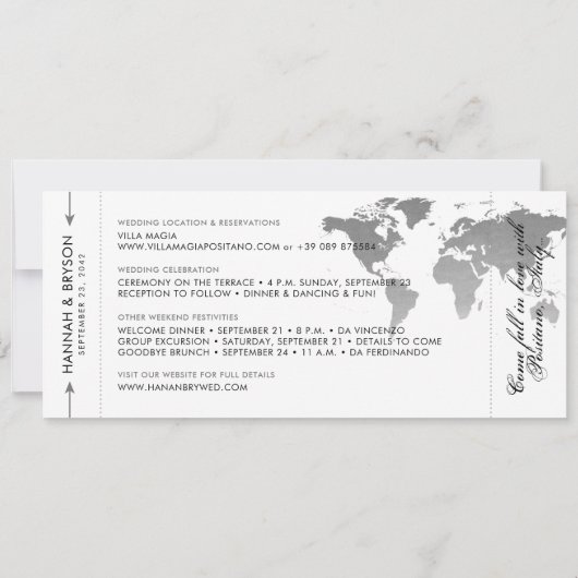 Silver World Map Boarding Pass Save the Date Karte (Rückseite)