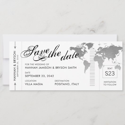 Silver World Map Boarding Pass Save the Date Karte (Vorderseite)