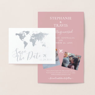 Silver World Map Folded Destination Save the Date Folienkarte