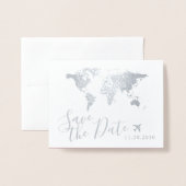 Silver World Map Folded Destination Save the Date Folienkarte (Vorderseite mit Umschlag)