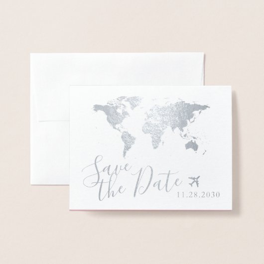 Silver World Map Folded Destination Save the Date Folienkarte (Vorderseite mit Umschlag)