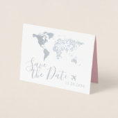 Silver World Map Folded Destination Save the Date Folienkarte (Vorderseite)