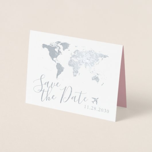 Silver World Map Folded Destination Save the Date Folienkarte (Vorderseite)