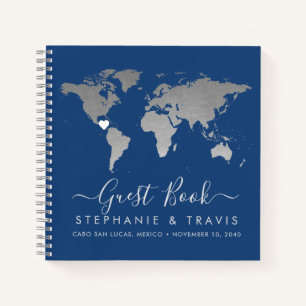 Silver World Map Heart Destination Gästebuch Notizblock