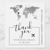 Silver World Map mit Herz-Hochzeit in Urlaubsort Weinetikett (Einzelnes Label)