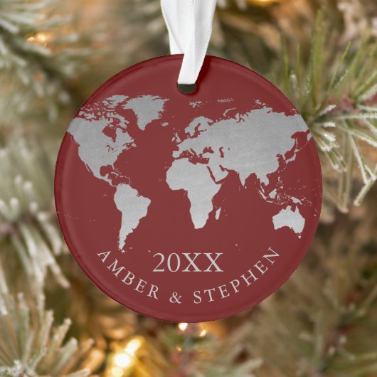 Silver World Map Travel Keepake Personalisiert Ornament (Baum)