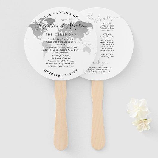 Silver World Map Wedding Program Fächer (Vorne und Hinten)