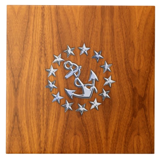 Silver Yacht Flag auf Nautical Teak Wood Print Fliese (Vorderseite)