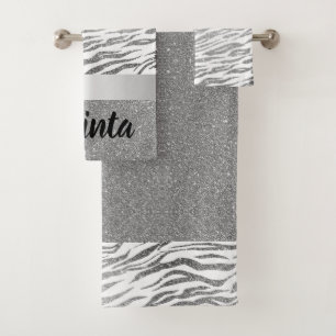 Silver Zebra Print Glitzer Personalisiert Badhandtuch Set