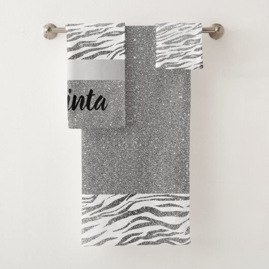 Silver Zebra Print Glitzer Personalisiert Badhandtuch Set (Insitu)
