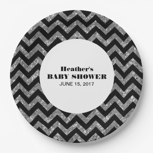Silver Zickzack Glitzer Baby Duschpapier Teller (Vorderseite)