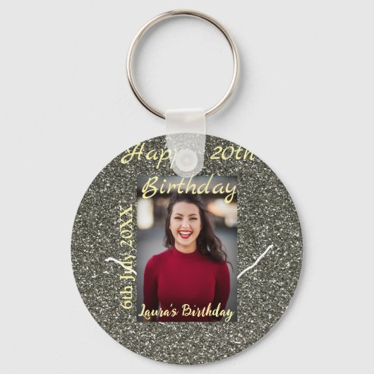 Silverglitter Foto 20. Geburtstag Namensdatum hinz Schlüsselanhänger (Vorderseite)