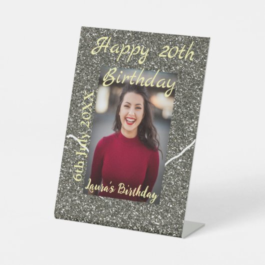 Silverglitter Foto 20. Geburtstag Namensdatum hinz Sockelschild (Vorderseite)