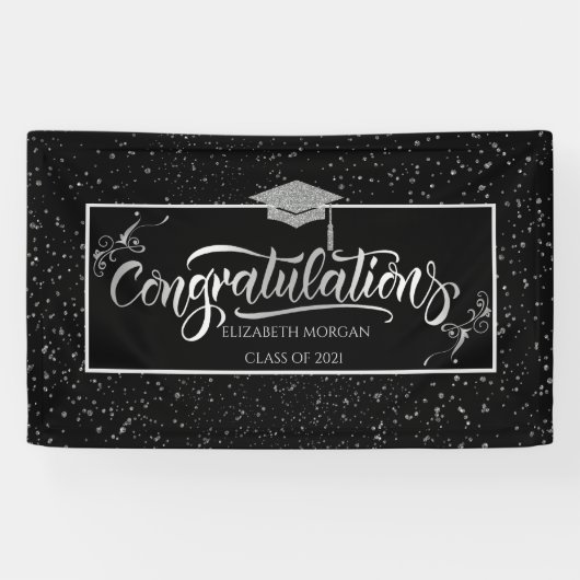 SilverGlitter Graduate Cap, Confetti Black Banner (Horizontal)
