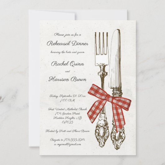 Silverware und Red Checkered Probe Dinner Einladung (Vorderseite)