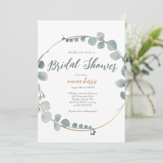 Silvery Eucalyptus Bridal Dusche Einladung (Stehend Vorderseite)
