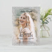Silvery Glitzer Foto Template Sweet 16 Party Einladung (Stehend Vorderseite)