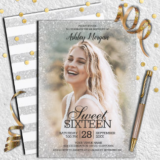 Silvery Glitzer Foto Template Sweet 16 Party Einladung