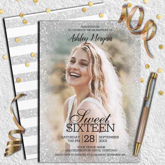 Silvery Glitzer Foto Template Sweet 16 Party Einladung