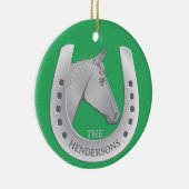 Silvery Horse and Horseshoe Emblem Red Keramik Ornament (Rechts)