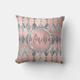 Silvery Pink Glittery Harlequin Monogram Kissen